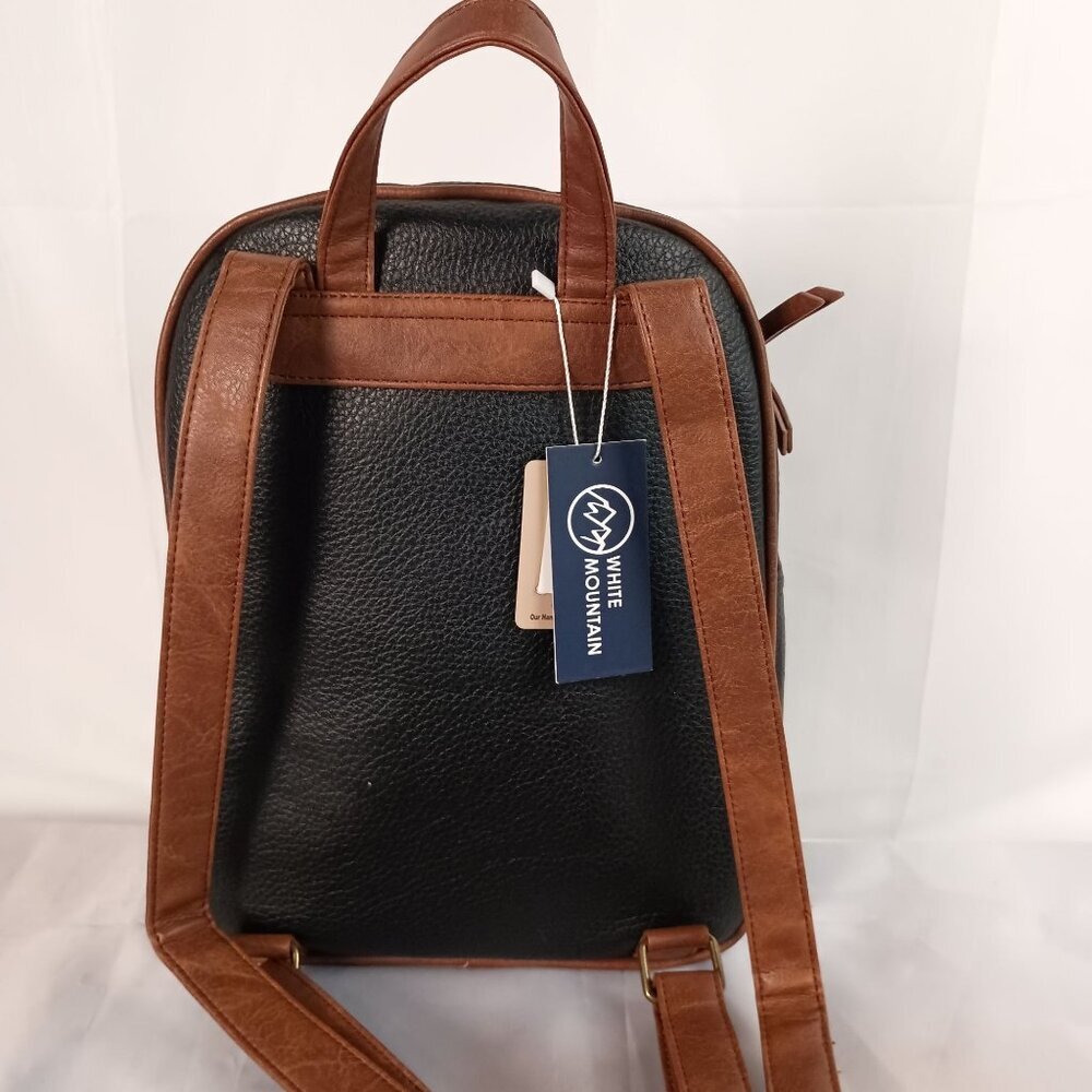 White Mountain Vegan Leather Backpack Black Brown Trim Cruelty Free NWT - Picture 12 of 15